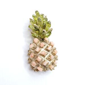 Vtg 3D Pineapple Brooch Goldtone Coral Colored Green Stone Nuggets